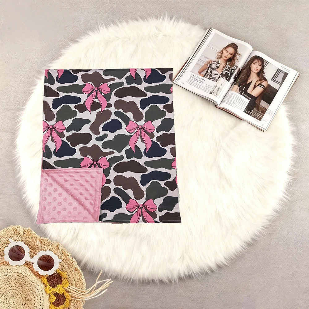 10.20 ベビーブランケット 赤ちゃん 幼児 子供 ピンクのリボン 迷彩柄 ミンキーブランケット 29-43インチ