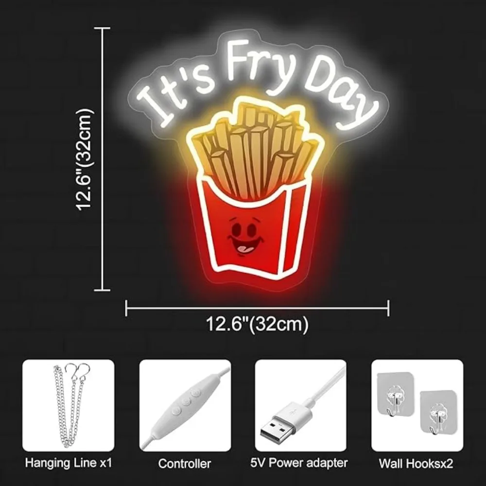 French Fries Neon Light,It's Fry Day Neon Sign,Fast Food Neon,Food Shop Restaurant Wall Decor,Shop Sign,Home Kitchen Wall Decor