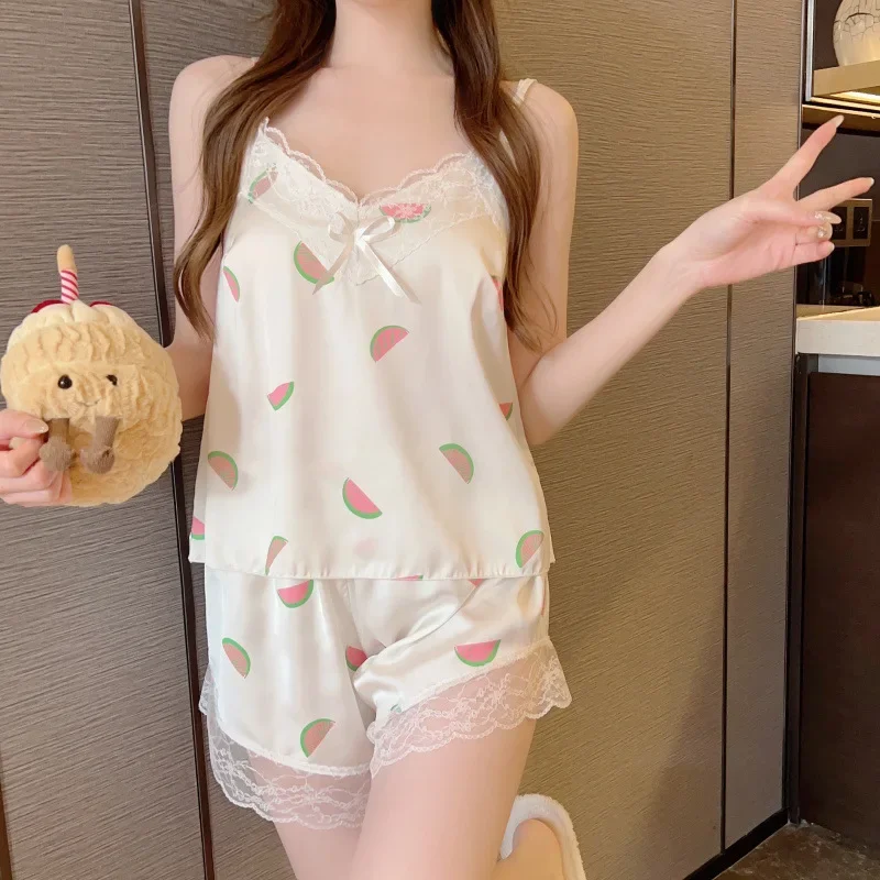 

Chic Satin Pajamas Women Spaghetti Strap Print Pyjamas Female Set Korean Fashion Sexy Lace Pajama Set Y2K 2 Piece Cute Homewear