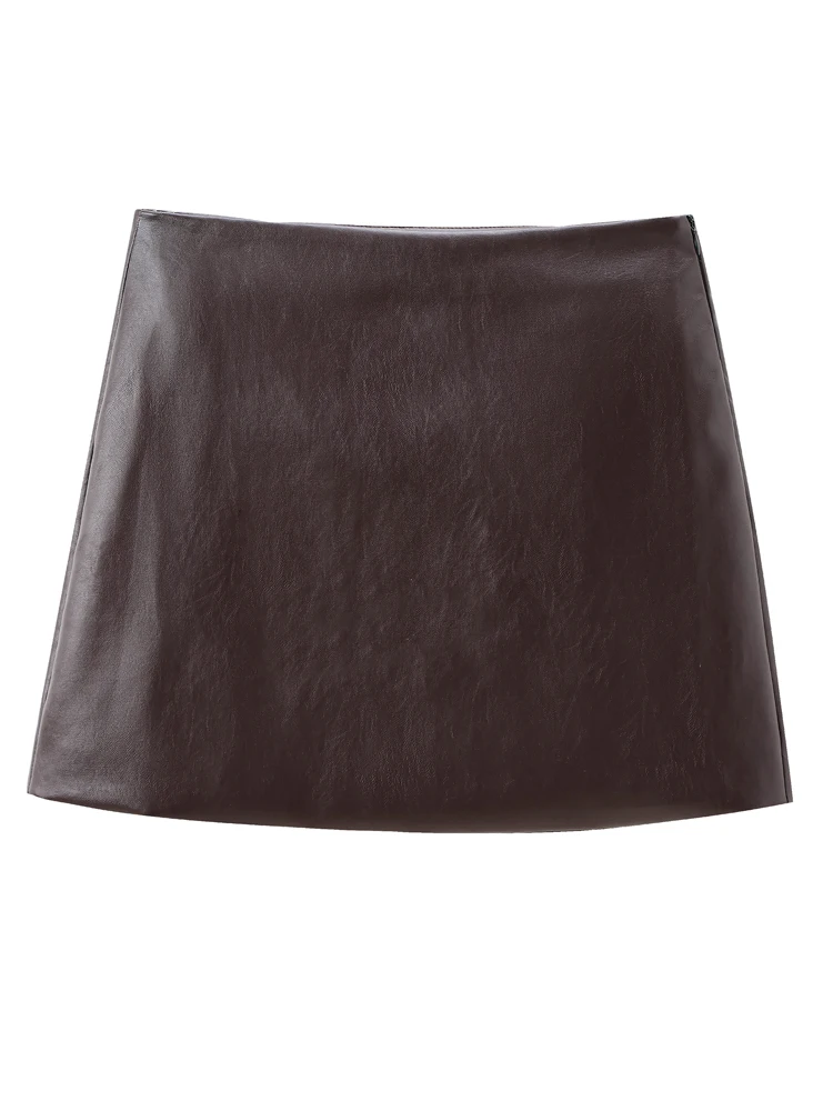 

KAOPU ZA Women leather flared hem mini skirt vintage mid-rise side zipper female skirts mujer