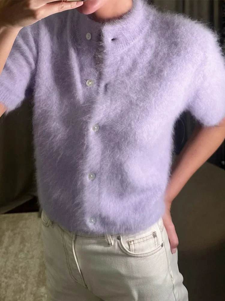 Women's Fuzzy Knit Cardigan Short Sleeve Puff Sleeve Button Front Mock Neck Soft Sweater Casual Daily Solid Color Cardigan 2026