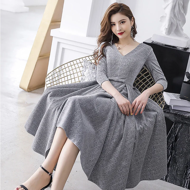 Vestido De Fiesta It\'s Yiiya BR309 Silver Gray Shining Prom Long Elegant Dresses V-neck Three Quarter Sleeve Formal Gowns 2020