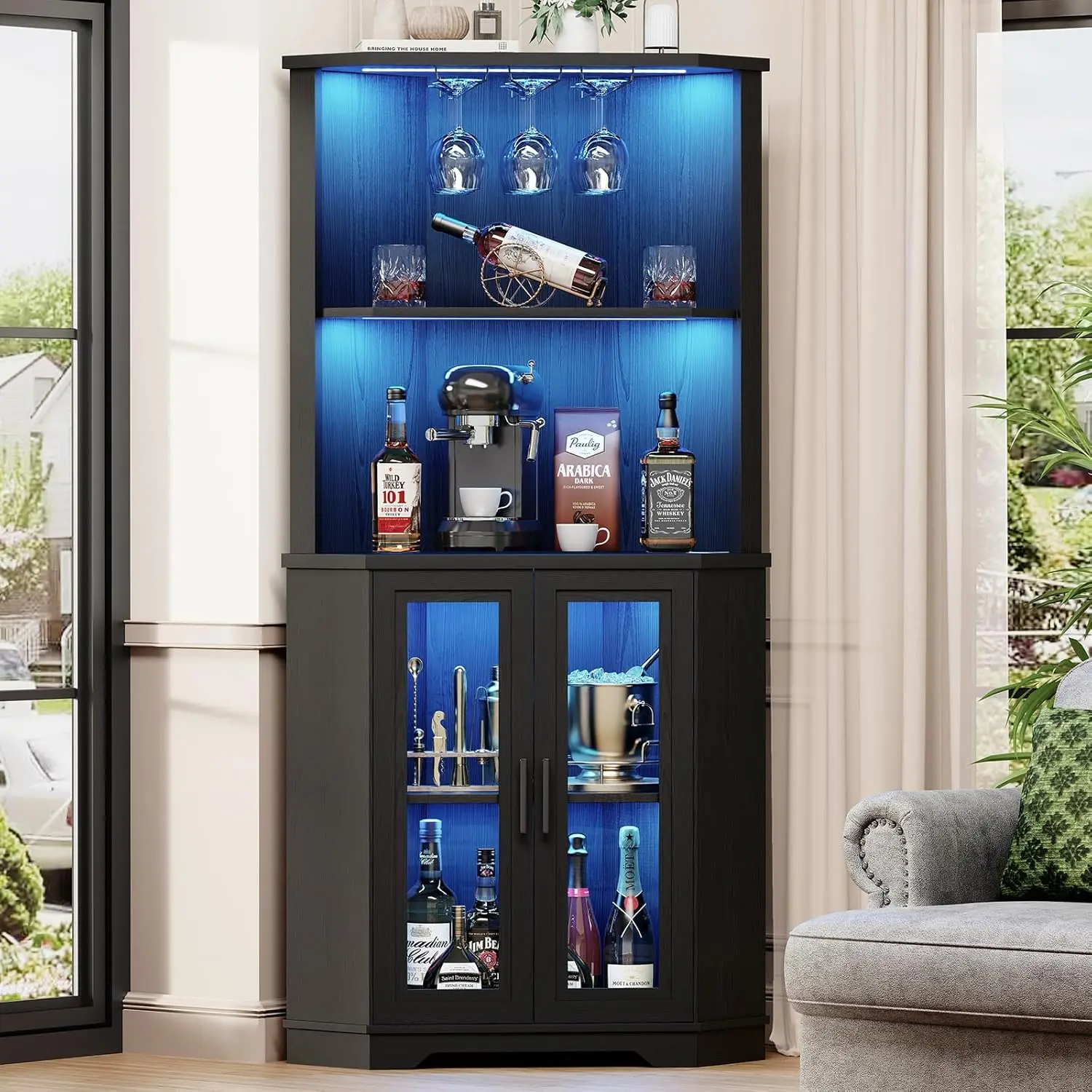 Eck-Barschrank mit LED-Leuchten, 65" hoher Weinschrank-Schnapsständer mit Glashalter und Tür aus gehärtetem Glas, Alkoholaufbewahrung