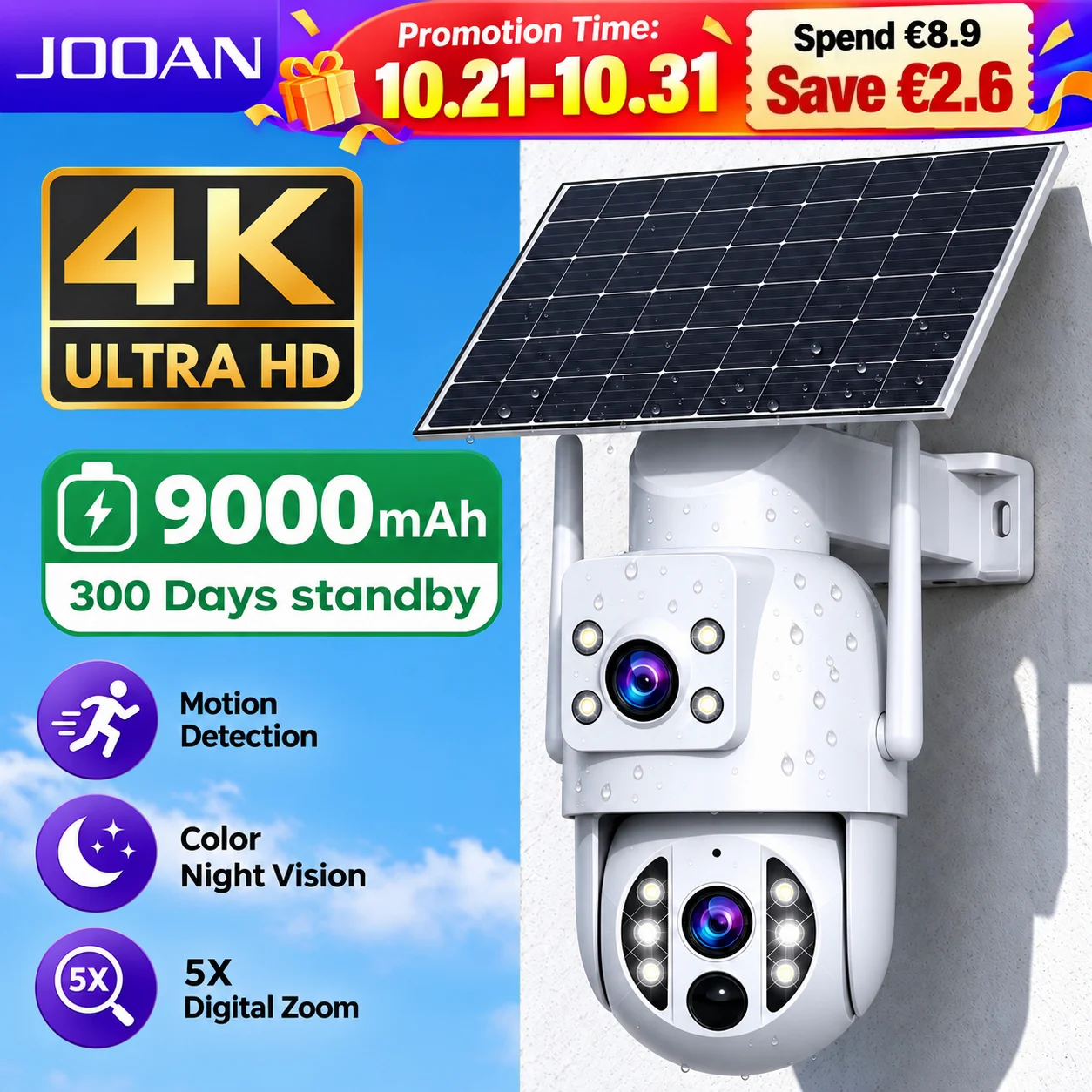 Cámara WiFi Solar para Exteriores JOOAN 4K, Doble Lente, Detección Humana, Visión Nocturna, Batería de Bajo Consumo, Cámara IP, CCTV, Protección de Seguridad