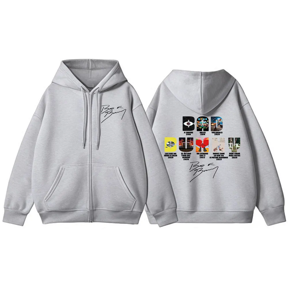 Rapper Bad Bunny Music Album Cover Print Zipper Hoodies Men Women Clothing Hip Hop Zip Up Sweatshirts Long Sleeve Hoodie Jackets