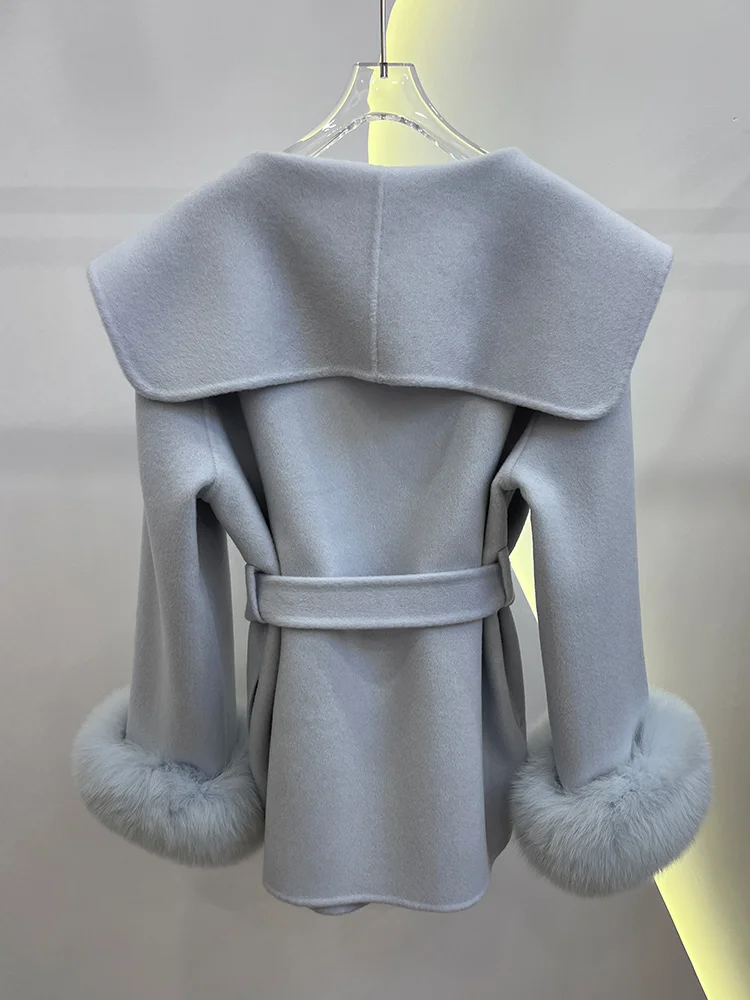 New Real Fur Coat Winter Wool Woolen Jacket Women Natural Fox Fur Cuffs Cashmere Ladies Belt Outerwear Streetwear Hot Sale
