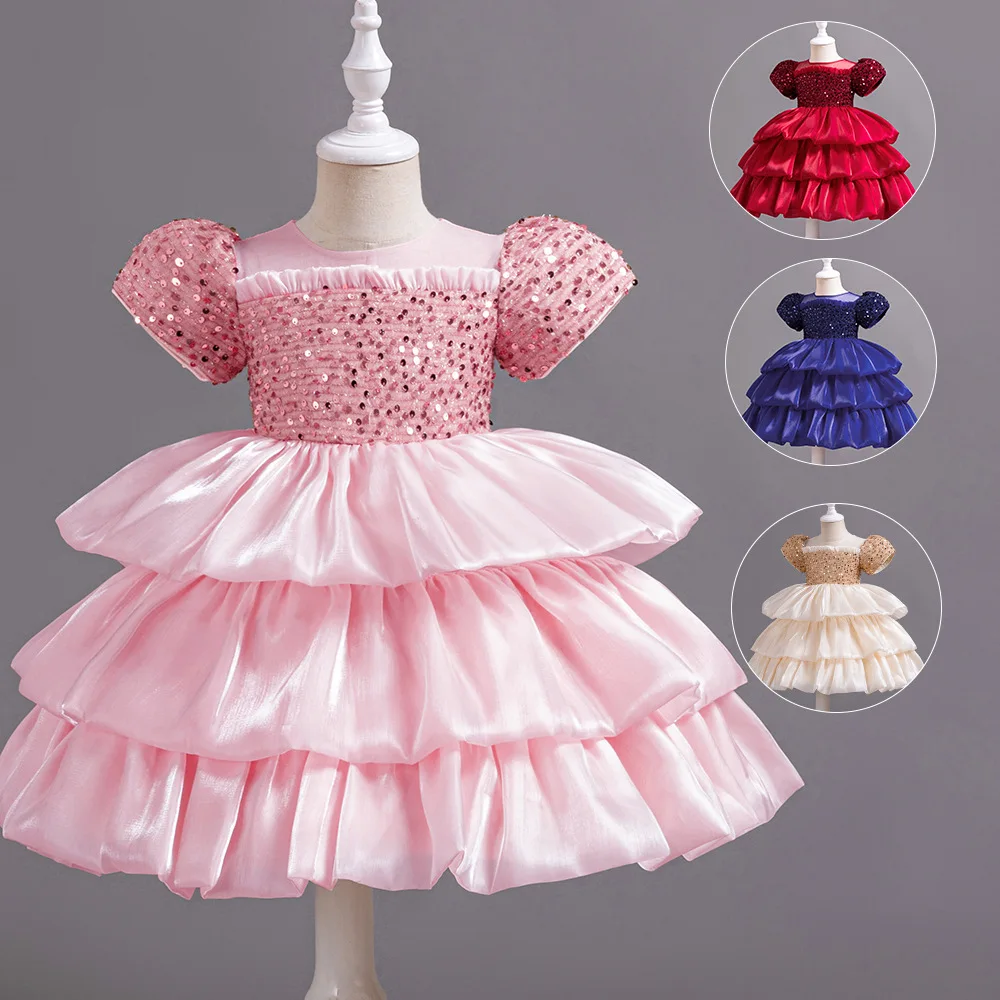 ELBCOS 2-8Y Girls Sequin Lantern Short Sleeves O-neck Tiered Cake Skirt Costumes Baby Full Dress