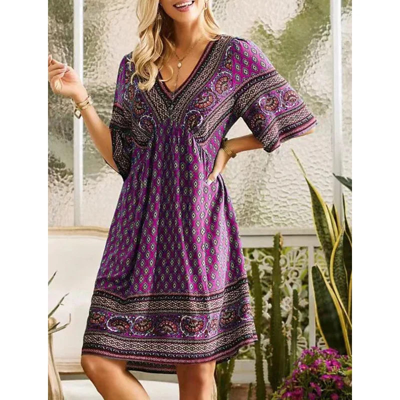 Fashion Short Sleeve Ethnic Style Print Mini Dress Women 2025 Summer Casual  Holidays Boho Dresses For Women Robe Femme