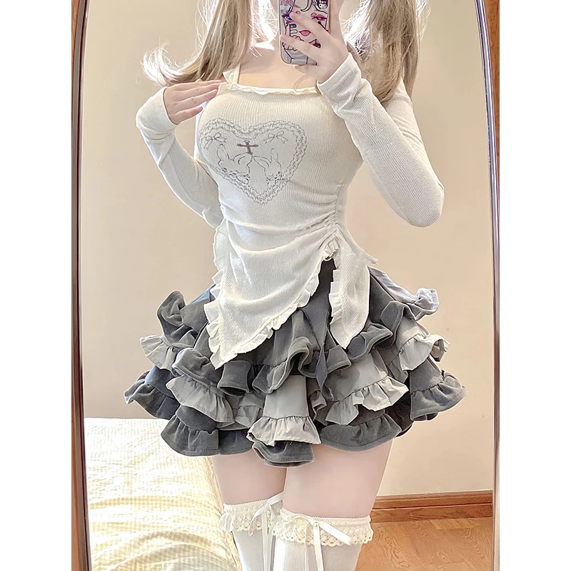 Kawaii Y2K Women 2 Pieces Sets Sweet Sexy Slim Shirts Gothic Long Sleeve Tops Mini Tutu Skirts Elegant Lolita Outfits 2023 New