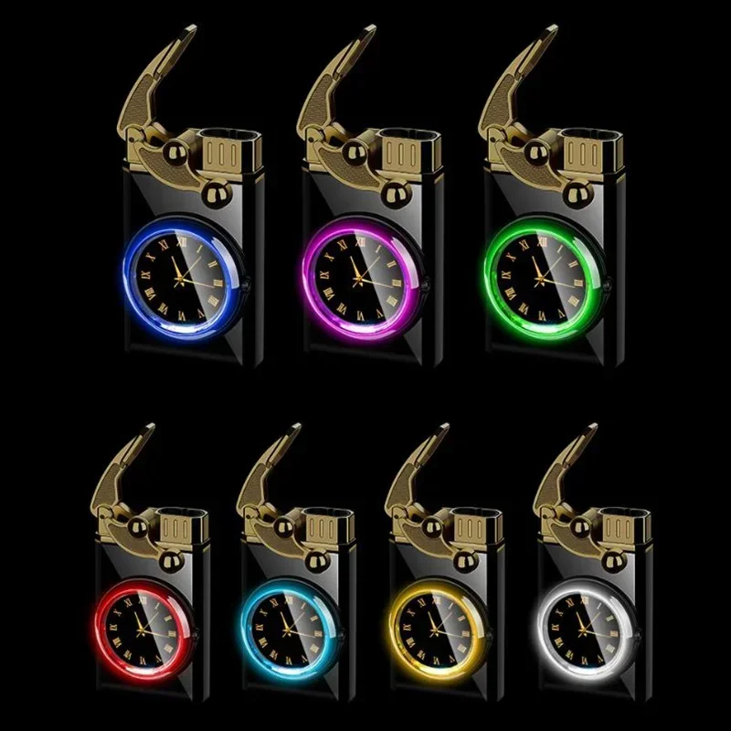 Watch Gas Lighter Windproof Metal Rocker Arm Ignition Colorful Lights Jet Butane Double Flame Torch Cigar Lighters Smoking Gift