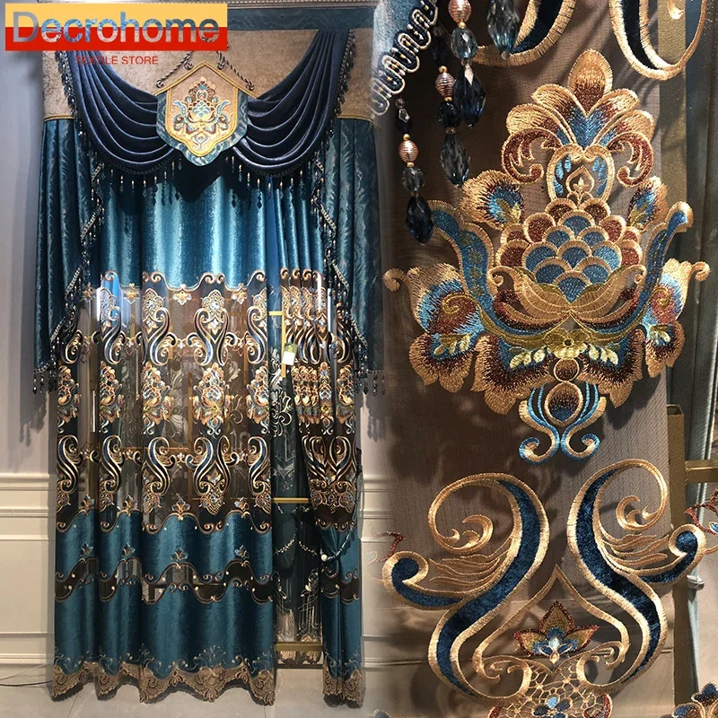 European Hollowed Out Embroidered Velvet Patched Curtains for Living Room Bedroom French Window Villa Embroidered Window Screen