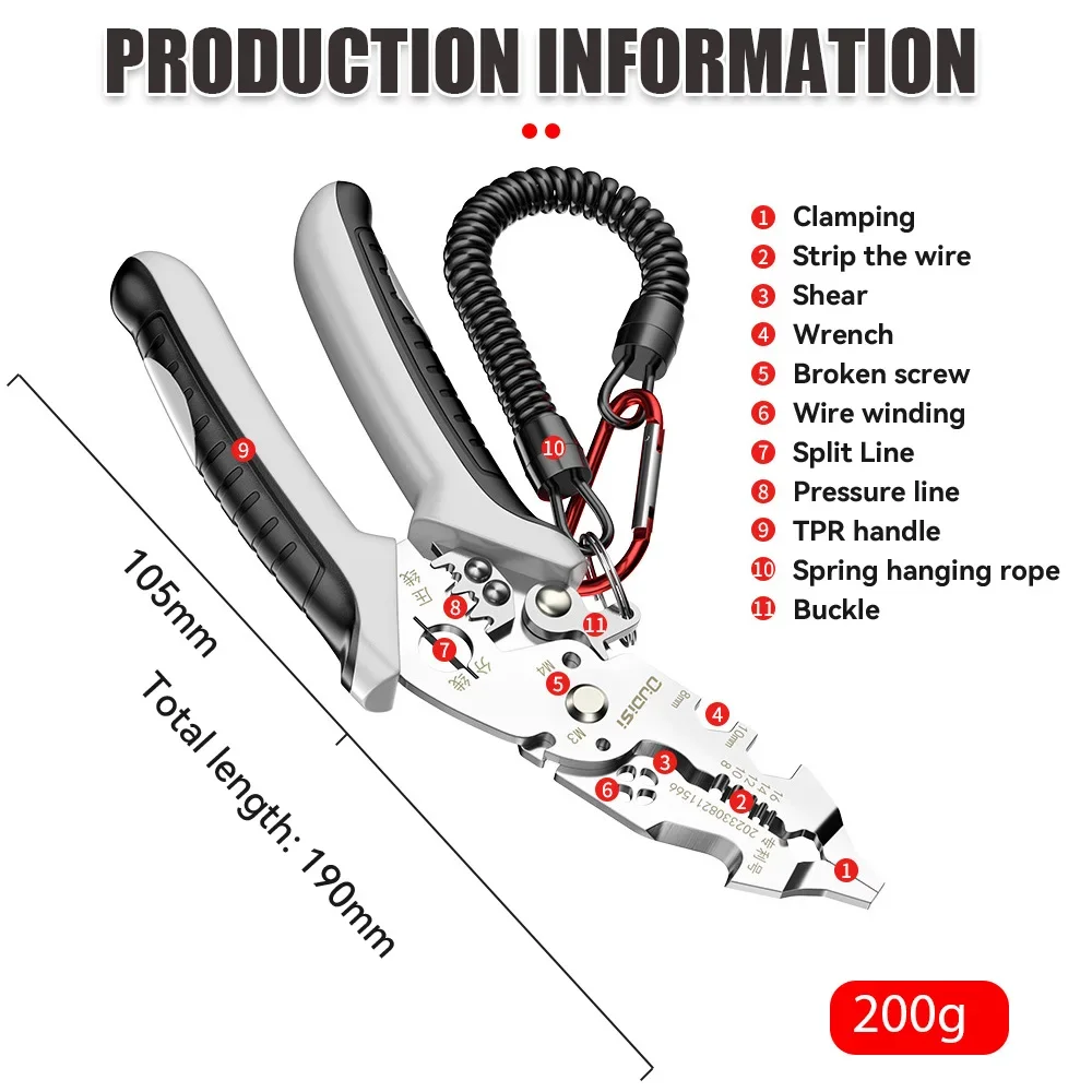 12 in 1 Multifunctional Wire Stripper Crimper Cable Cutter Pliers Stainless Steel Elbow Pliers Multi-Purpose Wire Stripping Tool