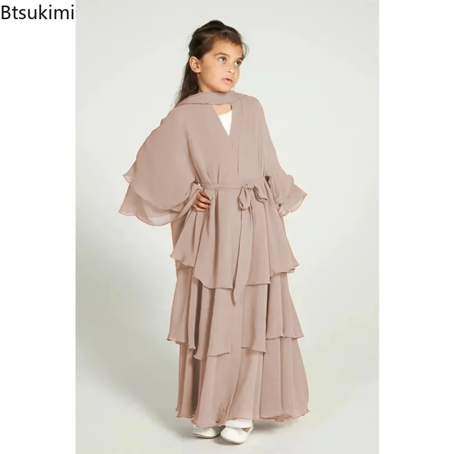 2024 Eid Muslim Kids Abaya Girls Chiffon Dress Fashion Solid Long Kaftan Robe Arab Islamic Clothing for Child Modest Prayer Gown