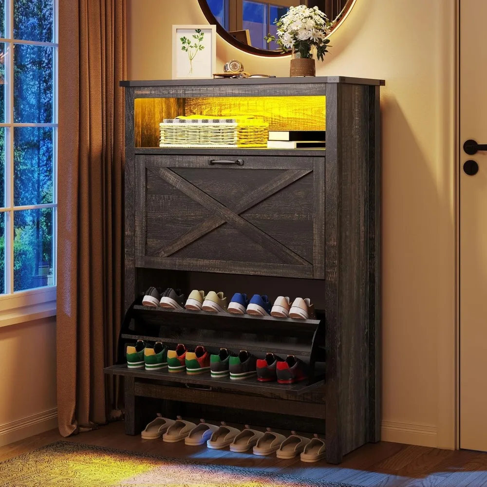 

Shoe Cabinet, Entryway Shoe Storage Cabinets with Open Shelves and Led Light, Free Standing Hidden Shoe Rack Organizer with 2 F