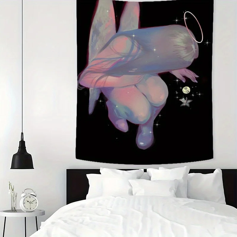 Customize 1pc Beautiful Angel Tapestry, Starry Night Art Style Pattern Photo Backdrop Wall Tapestry, Living Room Bedroom Office