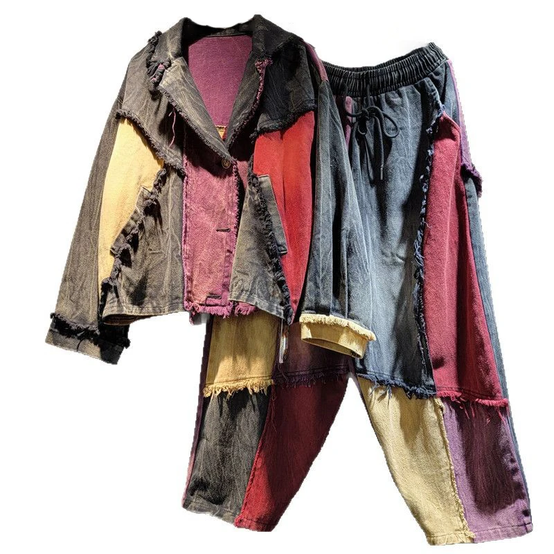 WTHT Fashion Women Patchwork Contrast Color Lapel Denim Jacket 2025 Spring Elastic Waist Harem Pants Female 2025 Spring 1LS1157