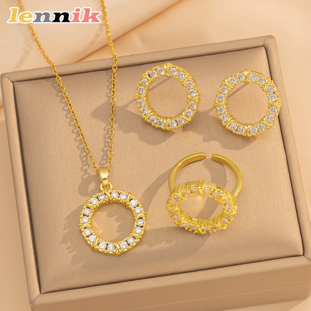 LENNIK verkupfertes Gold mit Diamanten, kreisförmiges Kreis-Set für Damen mit Volldiamanten, trendiges, leichtes, luxuriöses High-End-Design, modisch