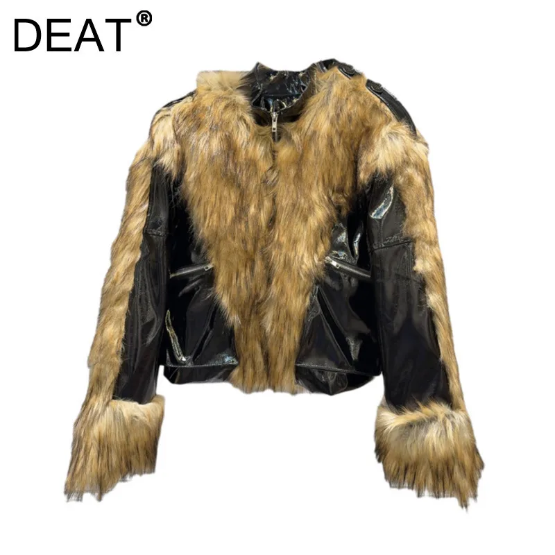 DEAT Women's Coat Pu Leather Patchwork Faux Fur Thick Zipper Cotton-padded Stand Collar Jackets 2025 Spring New Fashion 11A01883