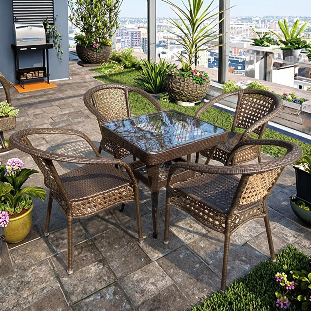 

Modern Design Outdoor Rattan Furniture Luxury Wicker Coffee Shop Set With Metal For Cafe & Hotel Hot Sale Garden Furniture