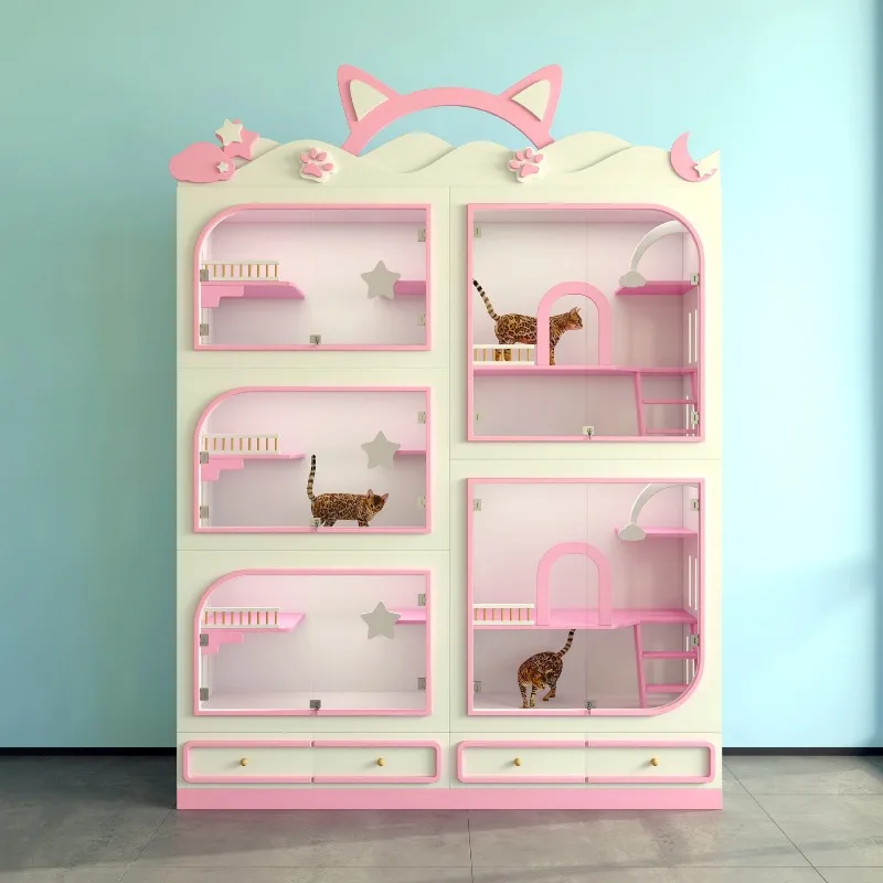 

Cage Solid Wood Cat Villa Display Cabinet Three-layer Nest Glass Cat House Large Space Foster Cabinet