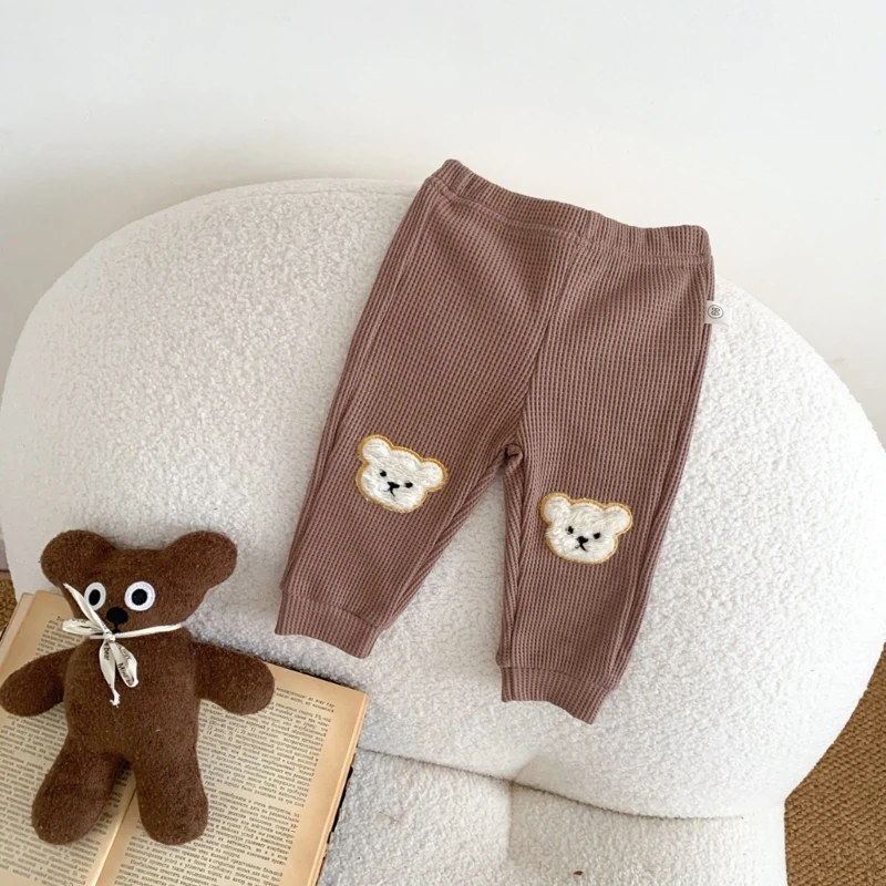 Cotton Baby Pants Cute Cartoon Bear Applique Boys Girls Pants Mid Elastic Waist Trousers Toddlers Baby Ribbed Casual Pants