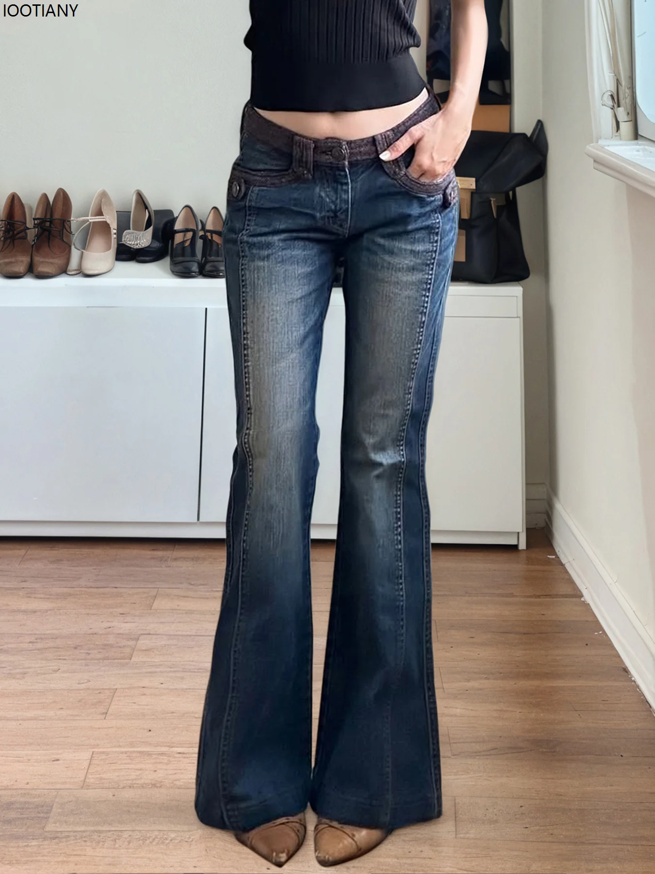 Retro Patchwork Brown Loose Jeans Classic Ladies 2000s Outfit Sexy Low Waist Slim Flared Jeans Hot Girl Y2k Aesthetic Trousers