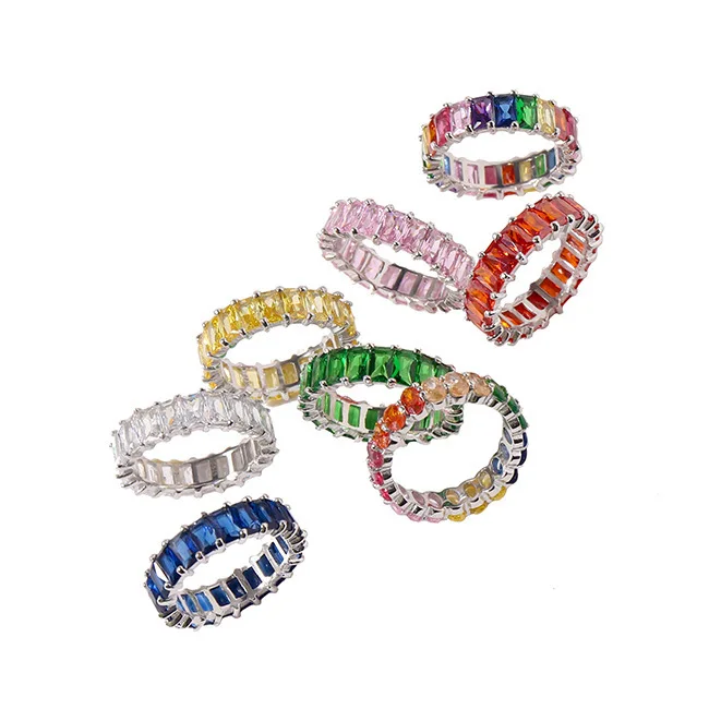 

Fashion copper accessories in stock, new 3A zircon s925 silver rainbow ring, personalized design, hip-hop accessories