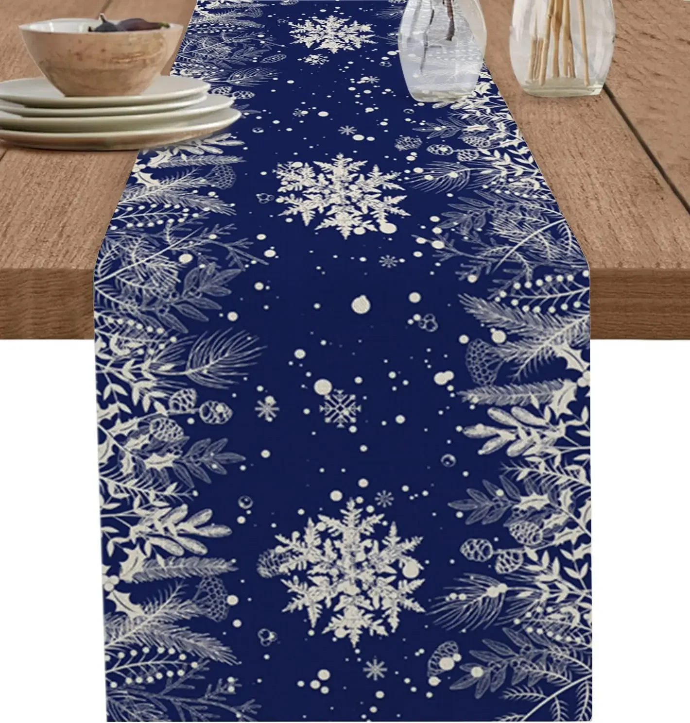 

Blue Christmas Snowflake Leaves Pine Cones Linen Table Runners Home Decor Farmhouse Dining Table Runners Navidad Decorations