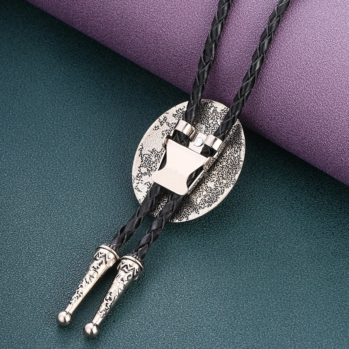 Western Bolo Tie for Men Women, Oval Black Turquoise Stone Inlaid Vintage Silver Bola Tie, Braided Leather Rope Cowboy Necktie