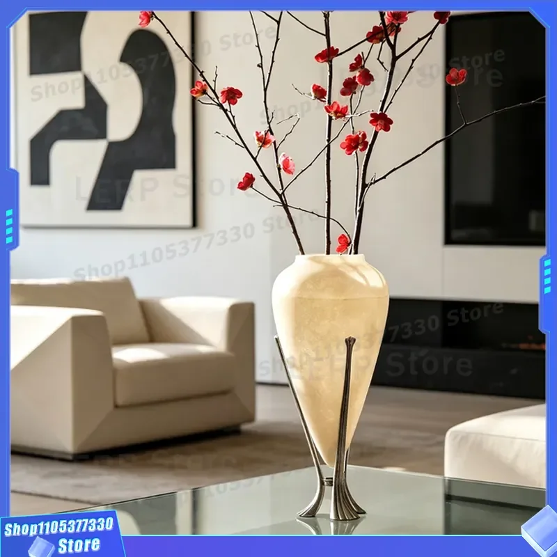 French Retro Metal Bracket Translucent Fiberglass Vase Artistic Ornament for Living Room Entrance Flower Arrangement Model