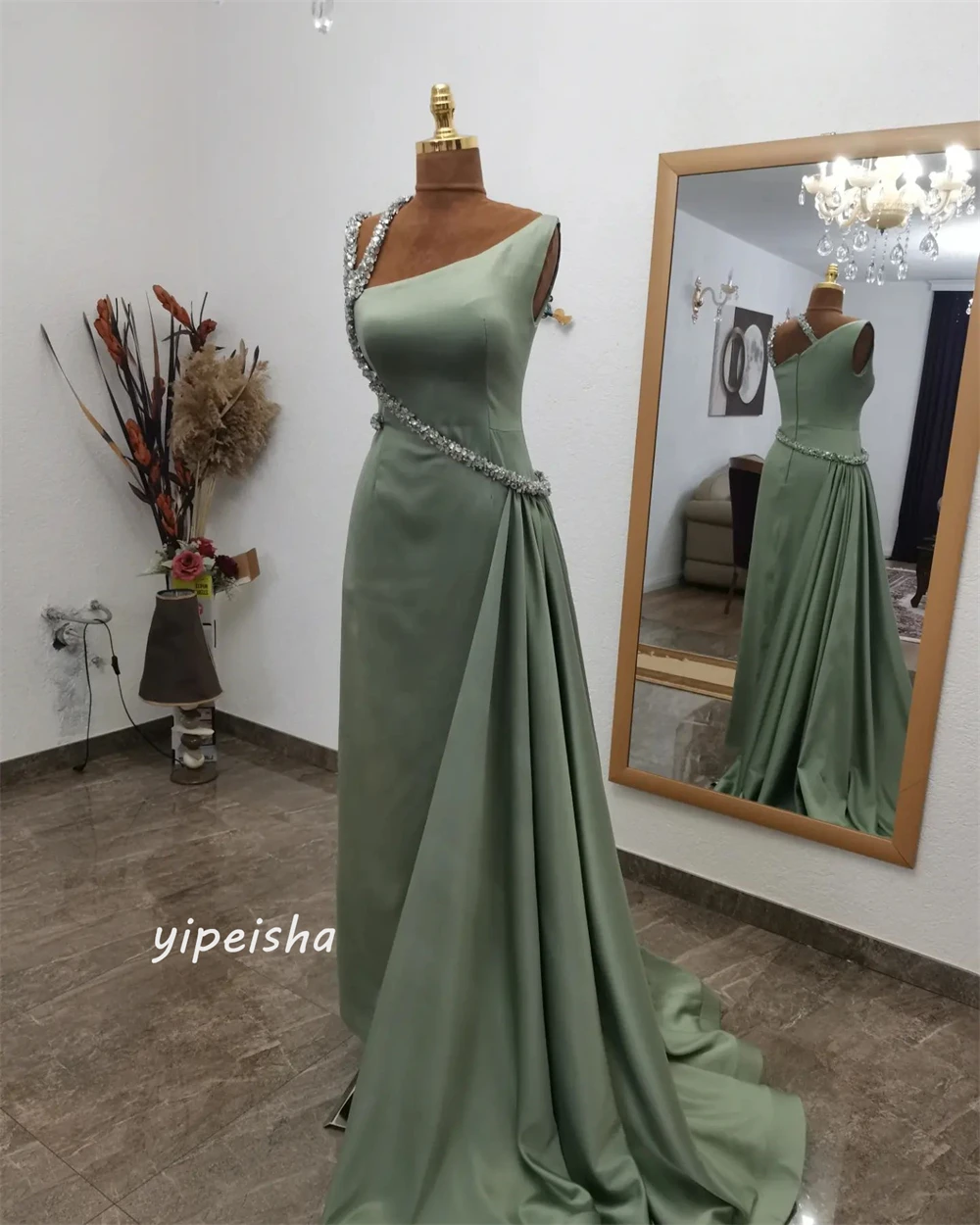 Jersey Beading Draped Pleat Christmas A-line V-Neck Bespoke Occasion Gown Long Dresses