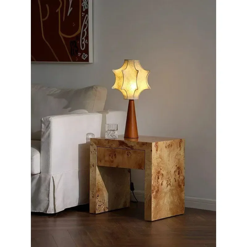 French Medieval Solid Wood Nightstand with Natural Bark Texture Storage Cabinet for Bedroom Living Room Sofa Corner