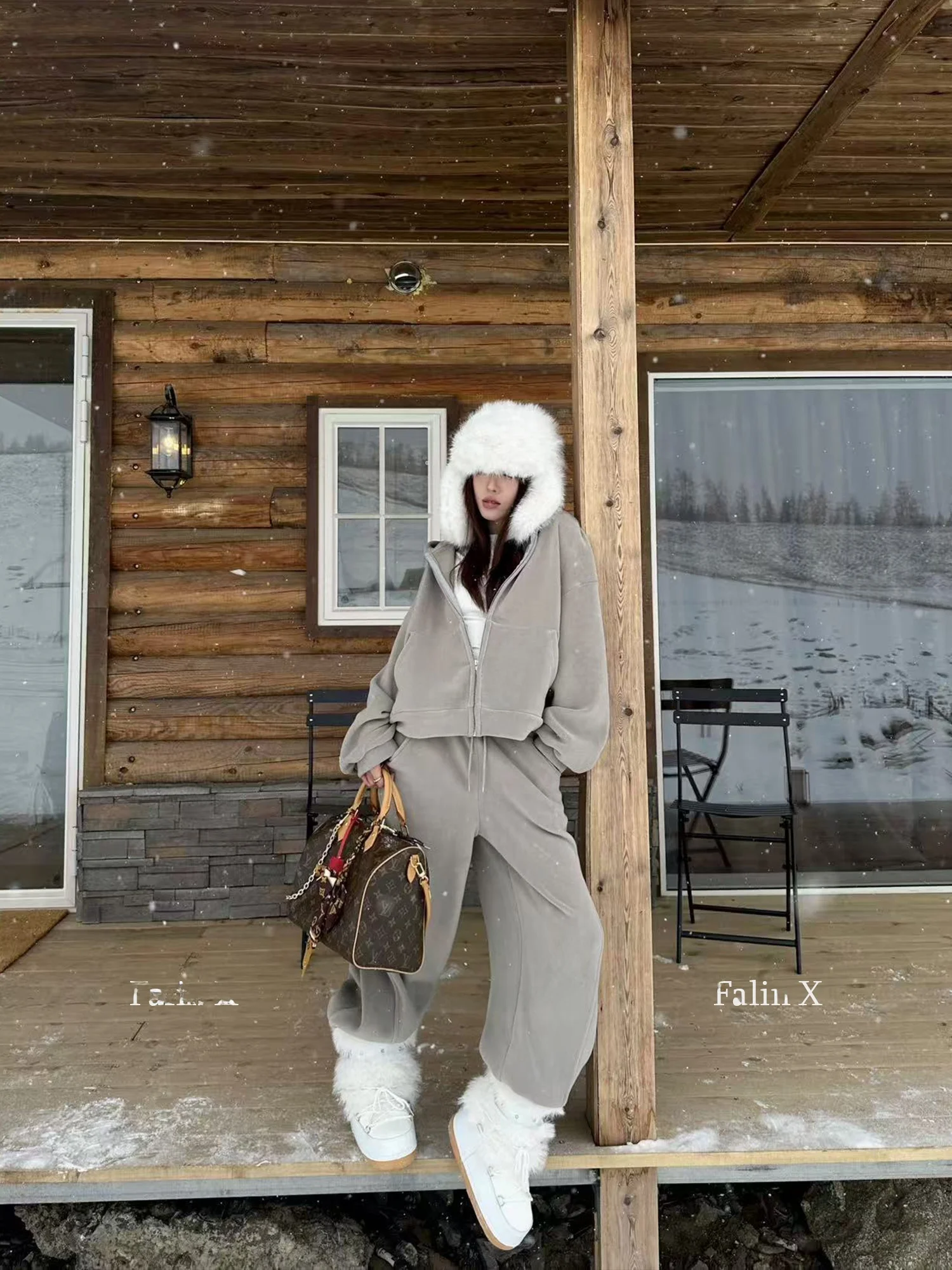 

Женский утепленный флисовый комплект Falin X: худи и брюки, повседневный зимний костюм свободного кроя из двух предметов