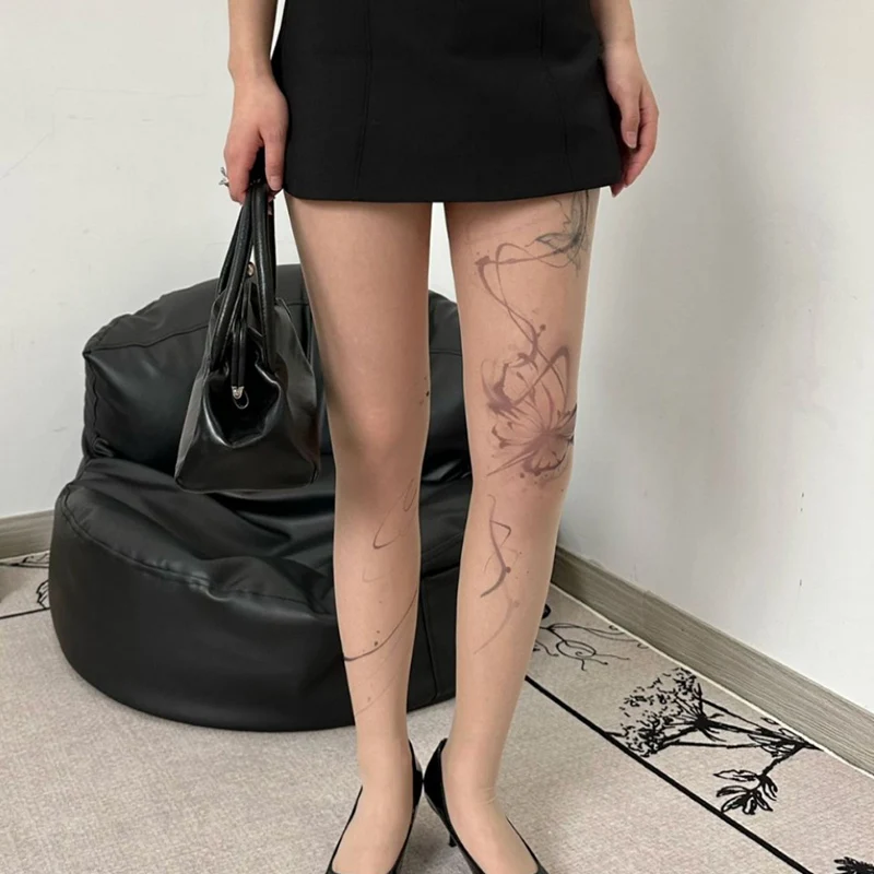 Seksowne kobiety motyl wytatuowane pończochy z nadrukiem rozlanego atramentu wzór Punk rajstopy Punk cienkie niehaczące rajstopy koronkowe rajstopy imprezowe