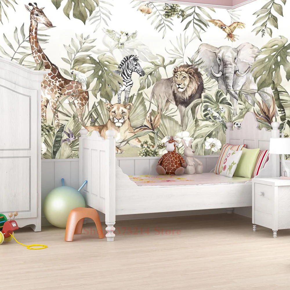 

Jungle Animal Wallpapers 3D Home Decor For Children Room Tropical Leaf Lion Giraffe Zebra Art Photo Wall Paper Size Customizable