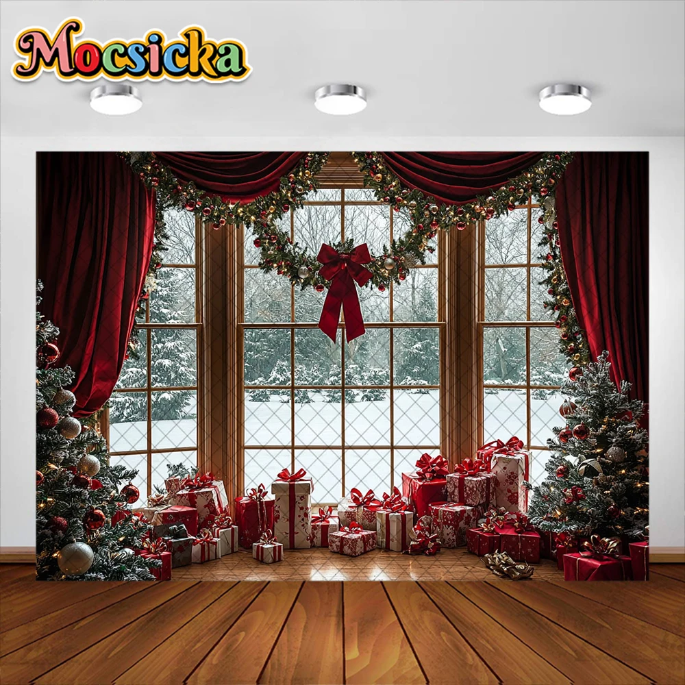 ฤดูหนาวคริสต์มาสห้องการถ่ายภาพพื้นหลังสีแดง Xams ต้นไม้ตกแต่งหน้าต่างเด็กวันหยุดภาพพื้นหลังสตูดิโอ Props แบนเนอร์