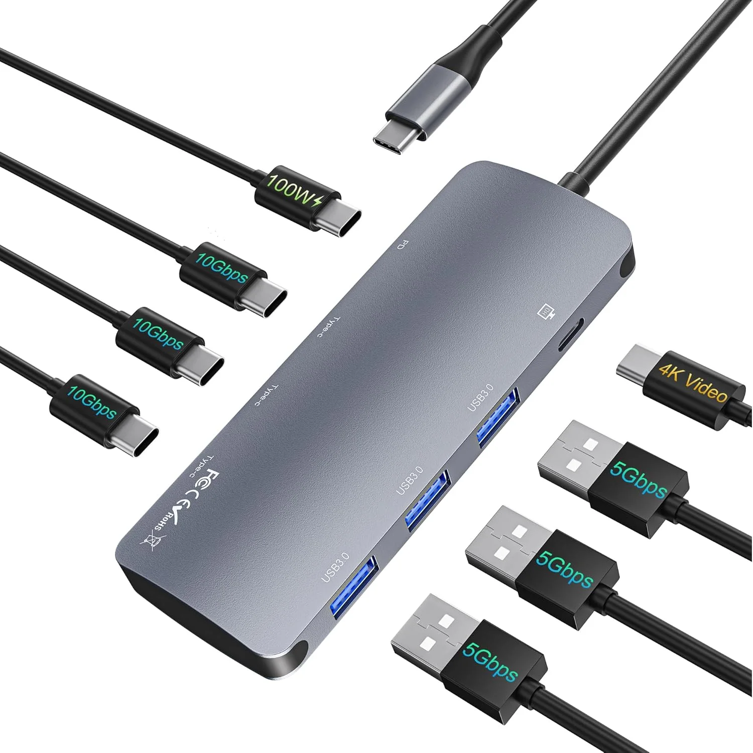 USB C Hub 10Gbps مع مخرج فيديو 4K @ 60 هرتز 100 وات محول نقل البيانات لشحن توصيل الطاقة لجهاز MacBook Pro/Air iPad Pro Mac #1
