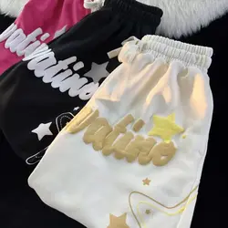 Shorts esportivos estampados com letra para mulheres, design retrô americano, calça casual solta, tops Y2K na moda, novo verão