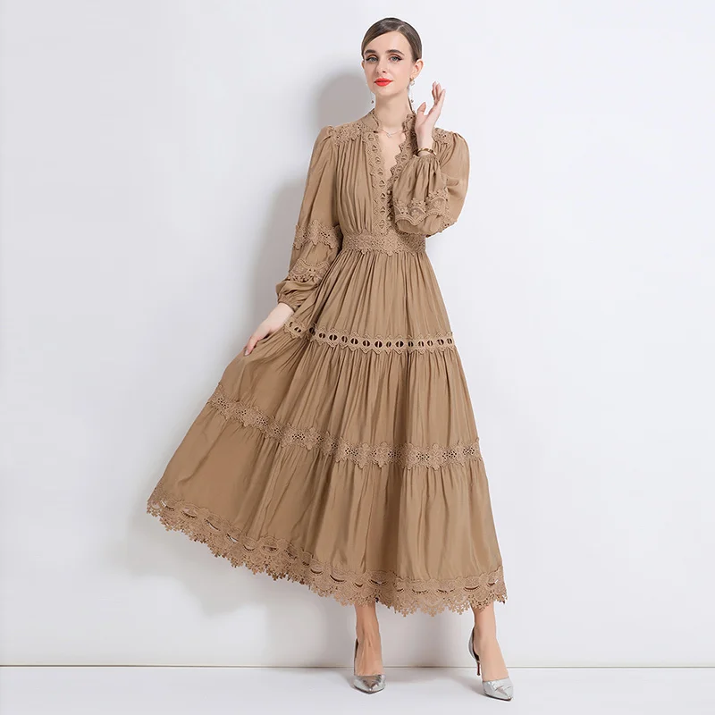 Wysokiej jakości letnia jesienna sukienka maxi z długim rękawem, haftowana koszula damska, elegancka sukienka biurowa z wycięciami, modne i eleganckie vestidos.