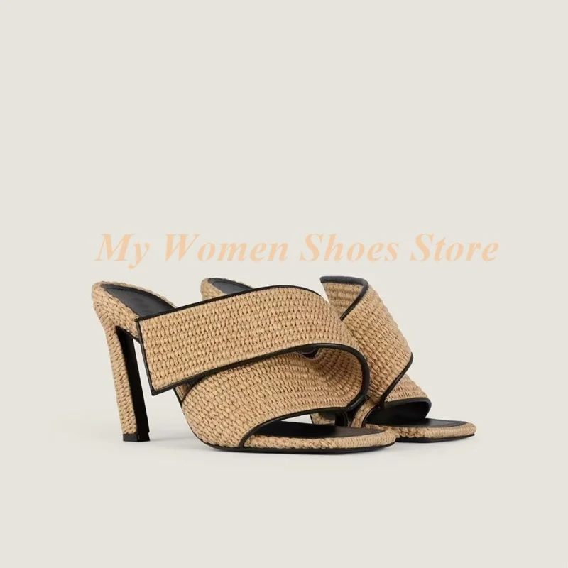 Braid Square Toe Slippers Thin High Heel Brown Black Runway 2026 Summer Women Dress Shoes Slip On Handmade New Arrivals