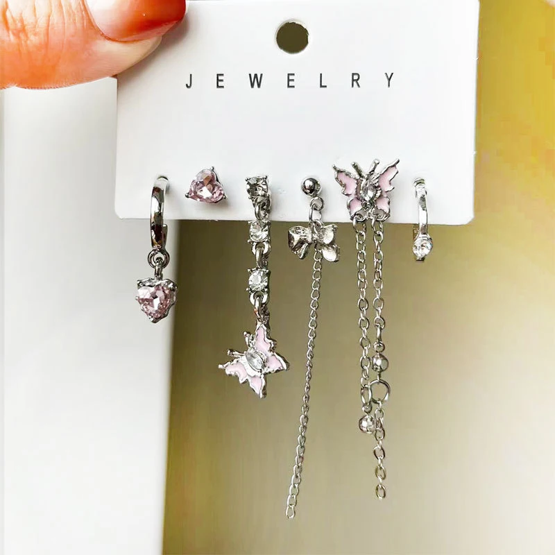 6Pcs/set Asymmetric Design Butterfly Pearl Earrings Sets Fashion Personality Exquisite Jewelry Pendant