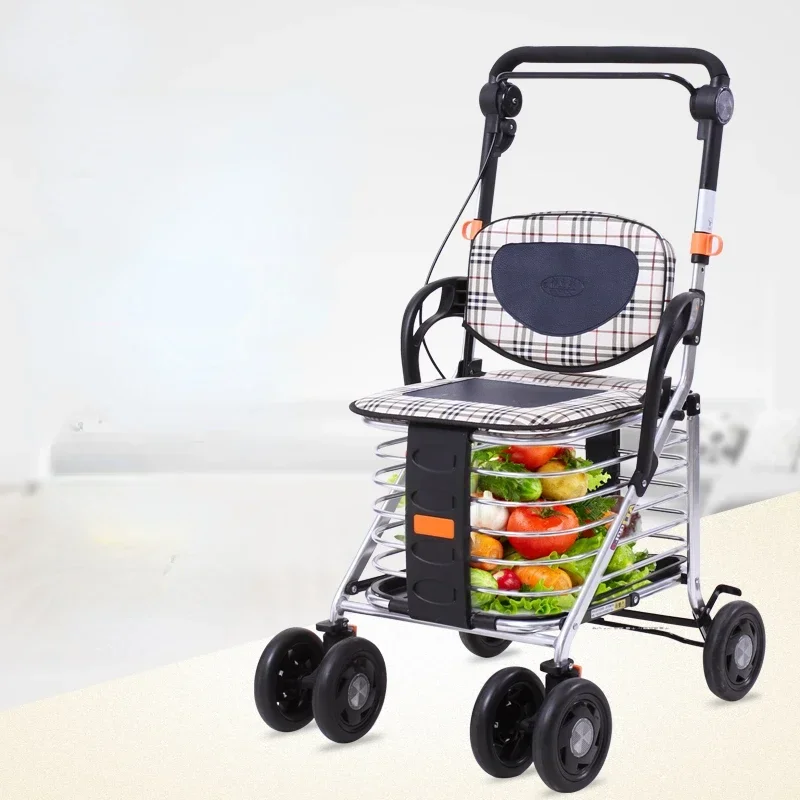 Elderly Seatable Trolley Walker Scooter with Aluminum Alloy Seat Folding Shopping Cart for Elderly Mobility