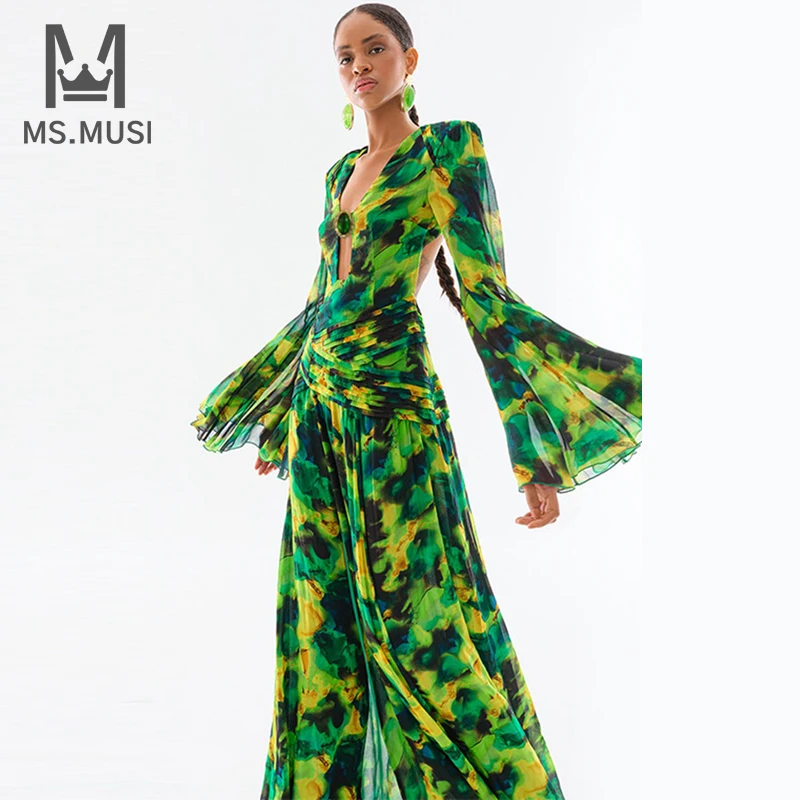 

MSMUSI 2024 New Fashion Women Sexy Deep V Hollow Out Flare Long Sleeve Backless Fold Bodycon Party Club Slit Maxi Dress Gown