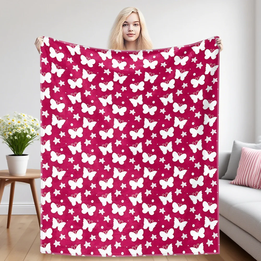 Burgundy White Butterflies Four Season Flannel Blanket, Soft Plush Skin Friendly Sofa Blanket, A Great Gift Item