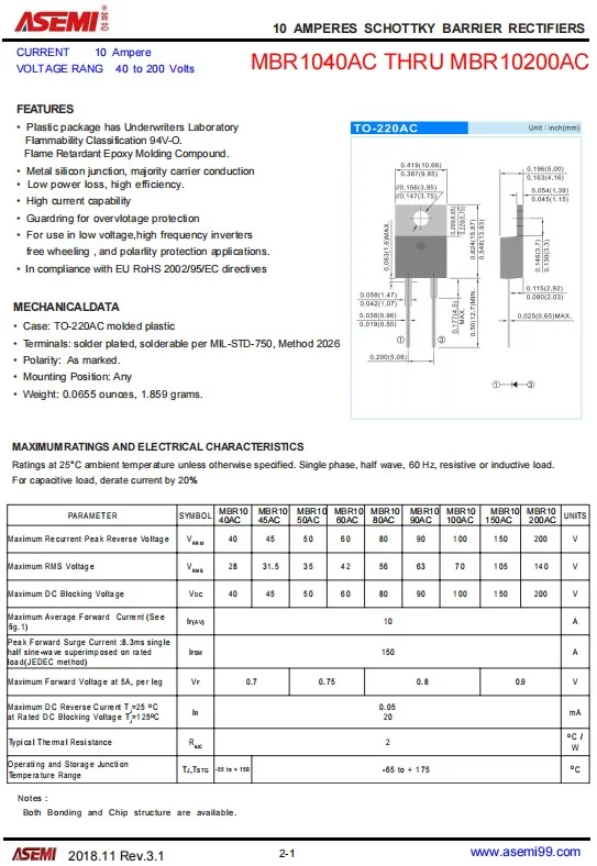 5PCS MBR10100AC 10A 100V ASEMI Brand New Schottky Diode Low Price High Quality