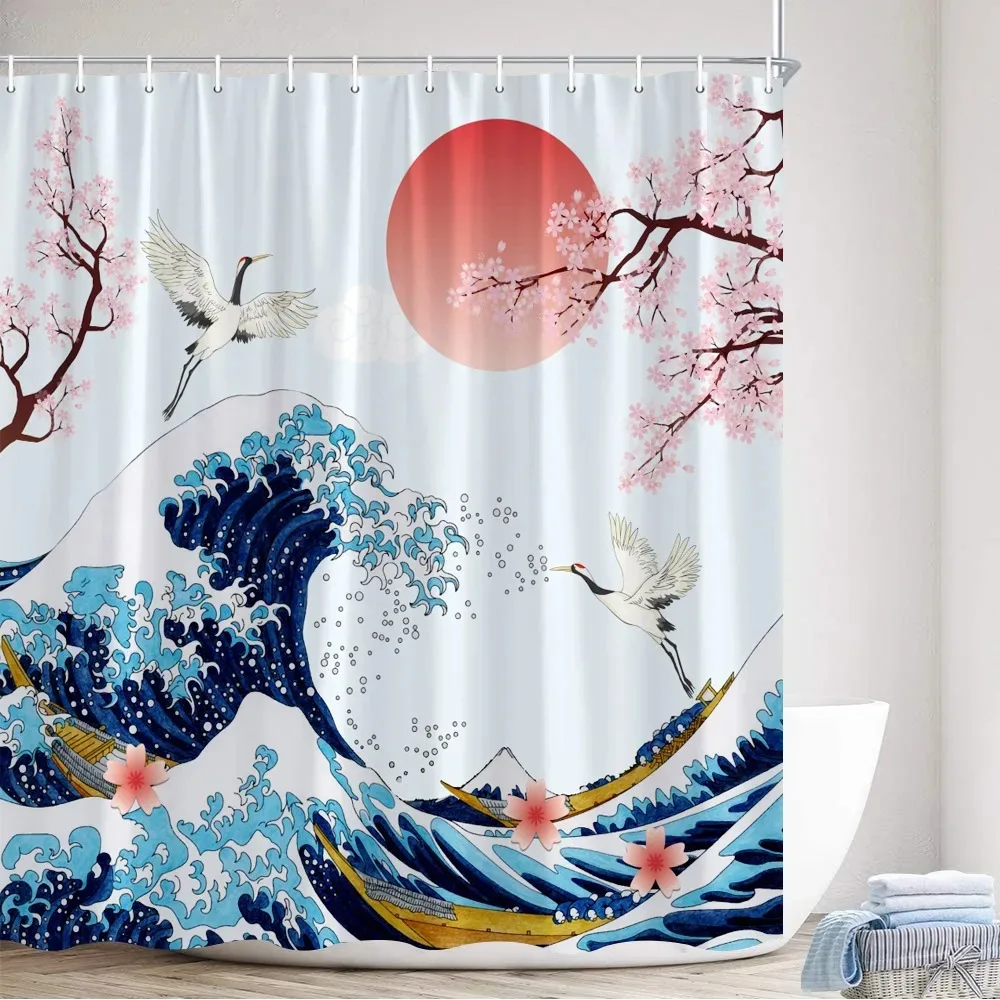 Japanese Style Shower Curtain Koi Fish Cherry Blossom Sun Sea Wave Octopus Landscape Polyester Fabric Curtains Bathroom Decor