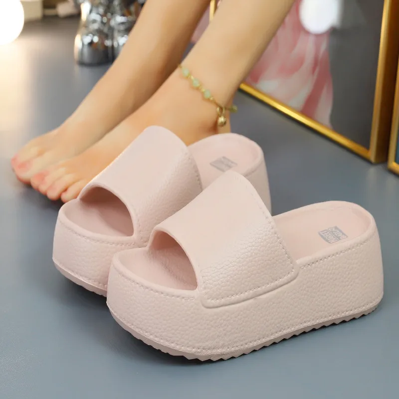 Summer 2024 New Solid Color Elevated Thick Women's Slippers Comfortable Soft Sole Anti Slip Home and Outdoor EVA Beach Slippers