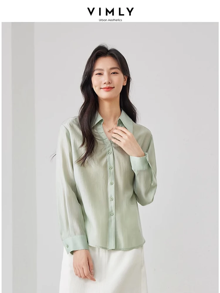 Vimly Spring Green Women Shirt V-neck Thin Casual Shirts & Blouses 2024 New Solid Drop Sleeve Womens Top Female Clothing M5381