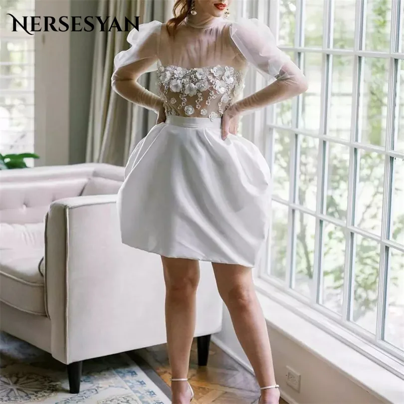 

Nersesyan Mini Tulle Appliques Evening Dresses Puff Long Sleeves Pleats High-Neck Formal Prom Gowns A Line Draped Party Dress