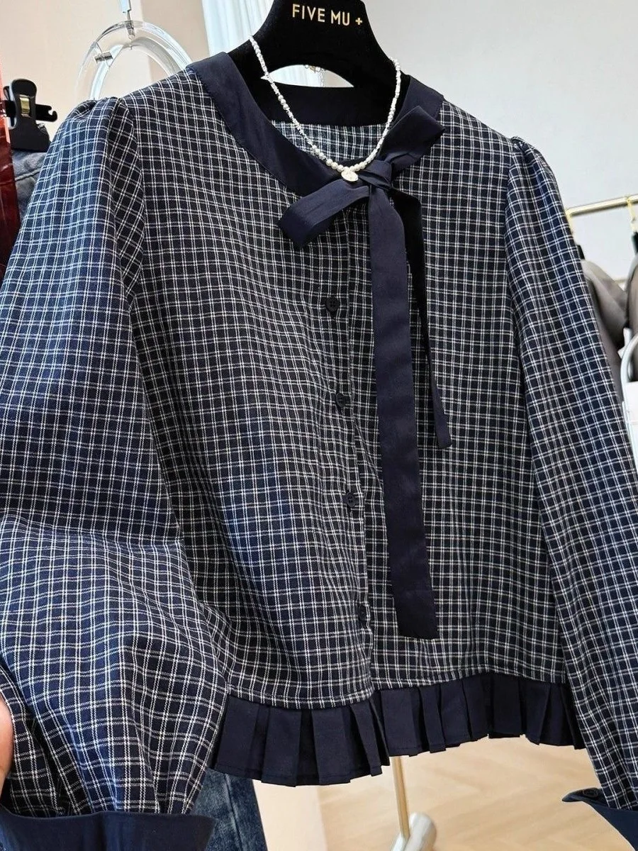 

Корейский винтажный клетчатый узел, круглый Ne Long Sve ort irt, женский осенний топ из дерева ain Design